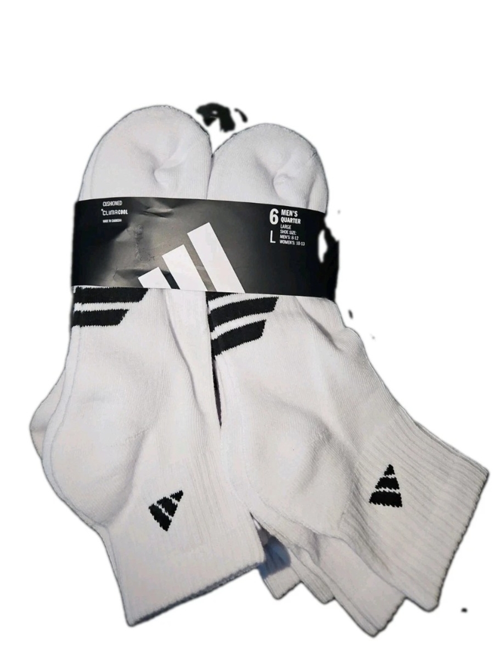 ADIDAS 6 Pair White Quarter Ankle Socks Shoe Size Mens 8-12  Size Large